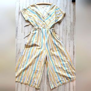 Linen Striped Jumpsuit with Drawstring Waist and Pockets Size S/M